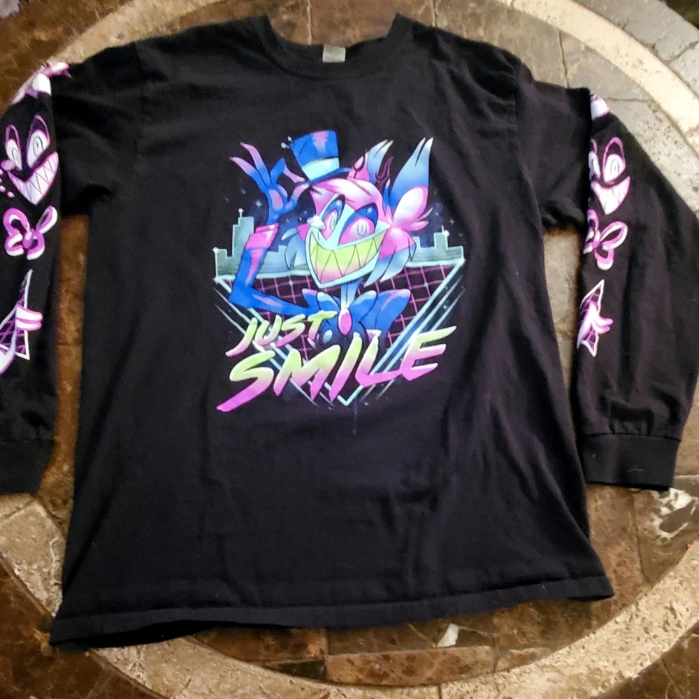 Gildan Just Smile Black Graphic long sleeve T Shirt With Bright Colors M NWOT - Picture 2 of 7